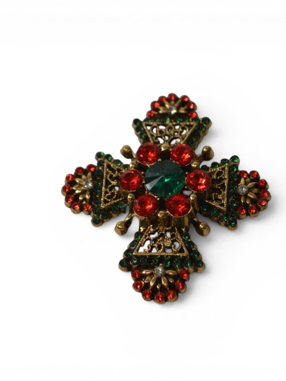 Vintage Maltese Cross Brooch Red Green Rhinestone Gold Tone Pin 2"